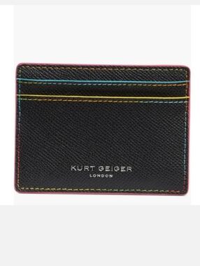Kurt Geiger Black Leather Card Holder with Rainbow Stitching and Pink Trim New